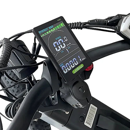Close-up of KUGOO T01 Electric Bike LCD display with speed and battery info