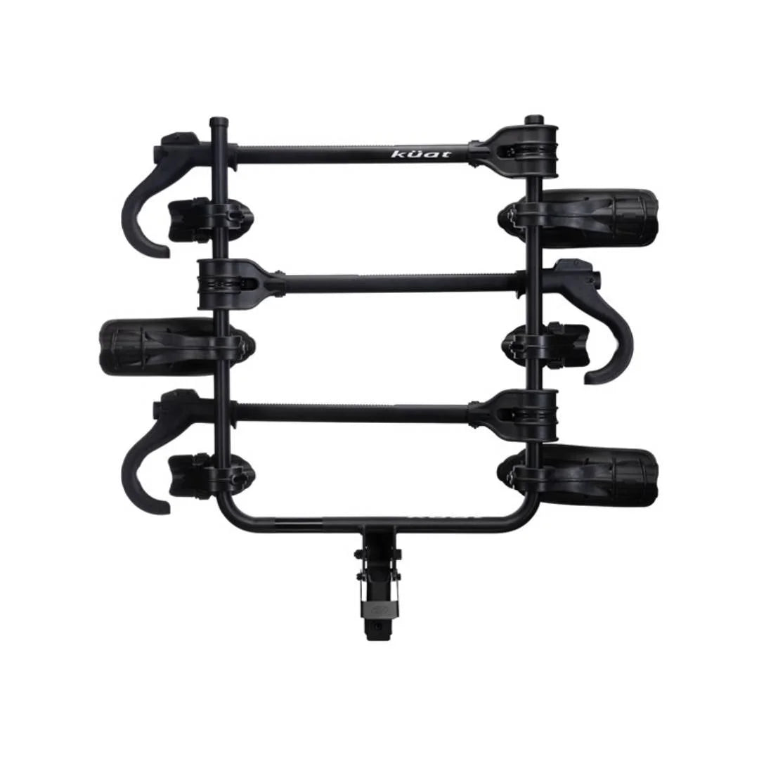 Overhead view of Kuat Transfer V2 3-bike hitch rack showing cradles and arms

