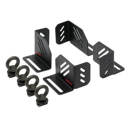 Set of black metal brackets and rings on a white background