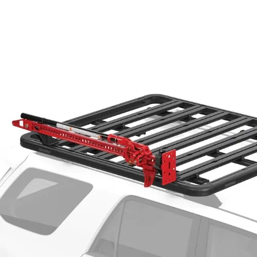 Car roof rack with red mounting brackets on a white background
