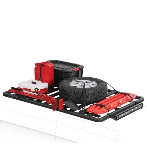 Car roof rack with tire and toolbox on a white background