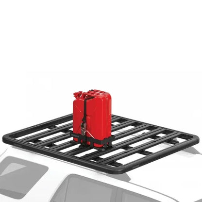 Black car roof rack with a red toolbox on a white background