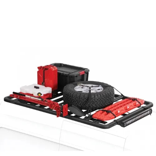 Car roof rack with tire and storage box on a white background