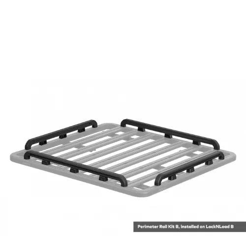 Roof rack system with black rail kit on a white background