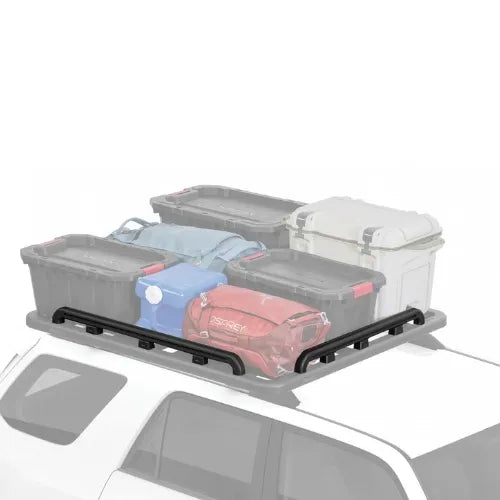 Roof rack with storage bins and suitcases on a car