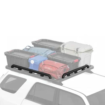 Roof rack with storage bins and suitcases on a car