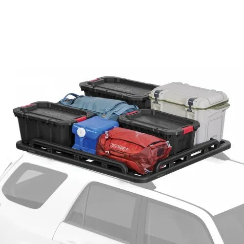 Roof rack with storage bins and coolers on a white background