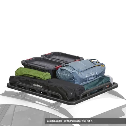 Roof rack system with various items on a white background