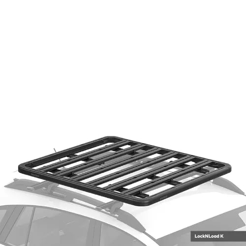 Black roof rack on a car with 'LockNLoad K' branding.