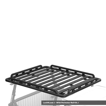 Black roof rack system on a vehicle with 'LockNLoad J- With Perimeter Rail Kit J' text.