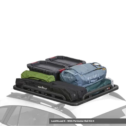 Car roof rack with cargo loaded on a white background