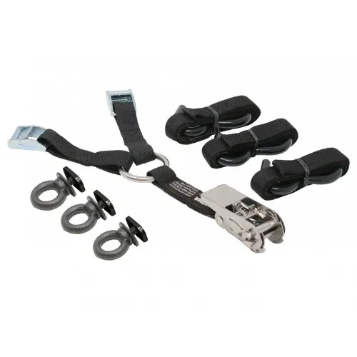 Set of black straps with metal hooks on a white background