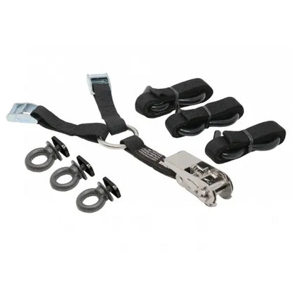 Set of black straps with metal hooks on a white background