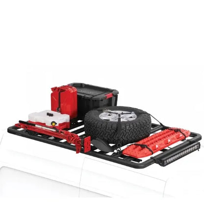 Car roof rack with tire, toolbox, and other items on a white background