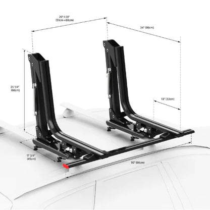 MOS UpLift™ Universal Lift Assist Rack System installed on a car with detailed measurements when it is closed