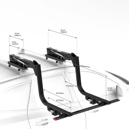 MOS UpLift™ Universal Lift Assist Rack System installed on a car with detailed measurements when it is open or tilted down