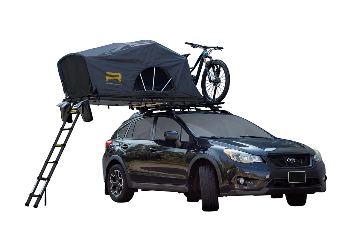 Meadowlark fold-out soft shell rooftop tent open on a black crossover with ladder deployed and black tent body visible.