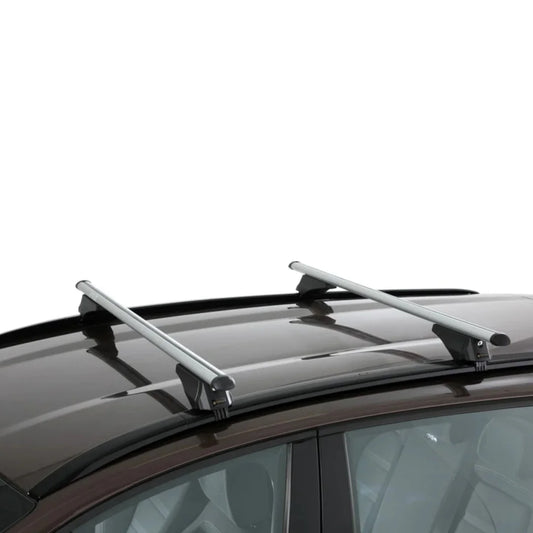 Modula Racks Smart Bar crossbars mounted on a black vehicle’s roof rails.

