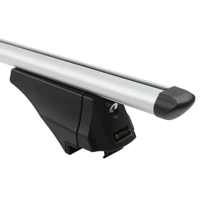 Close-up side view of silver Modula crossbar showing foot mount detail.