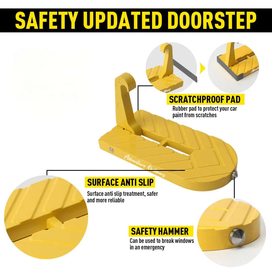 Safety feature infographic highlighting anti-slip surface and safety hammer