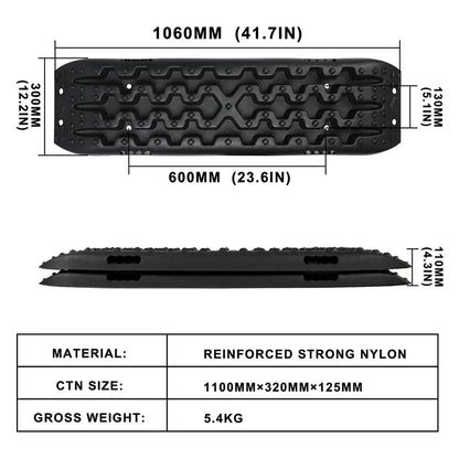 Detailed dimension diagram of black recovery traction boards with measurements and material specs.