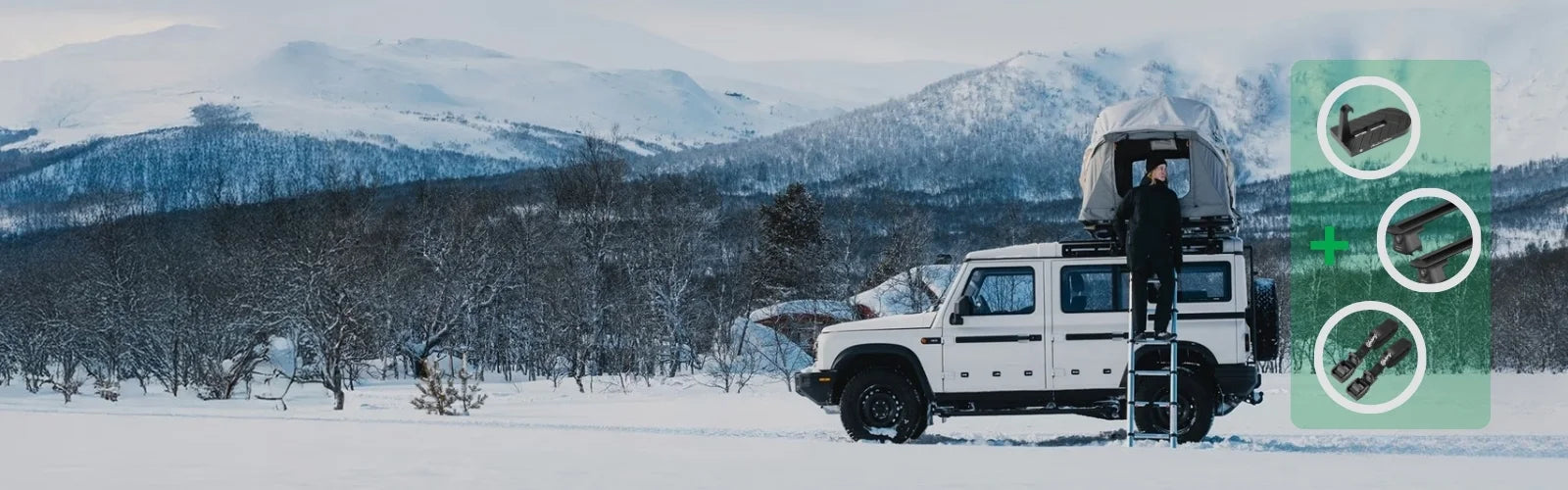Person standing next to a white truck with an open roof in a snowy landscape, with inset icons showing additional features.