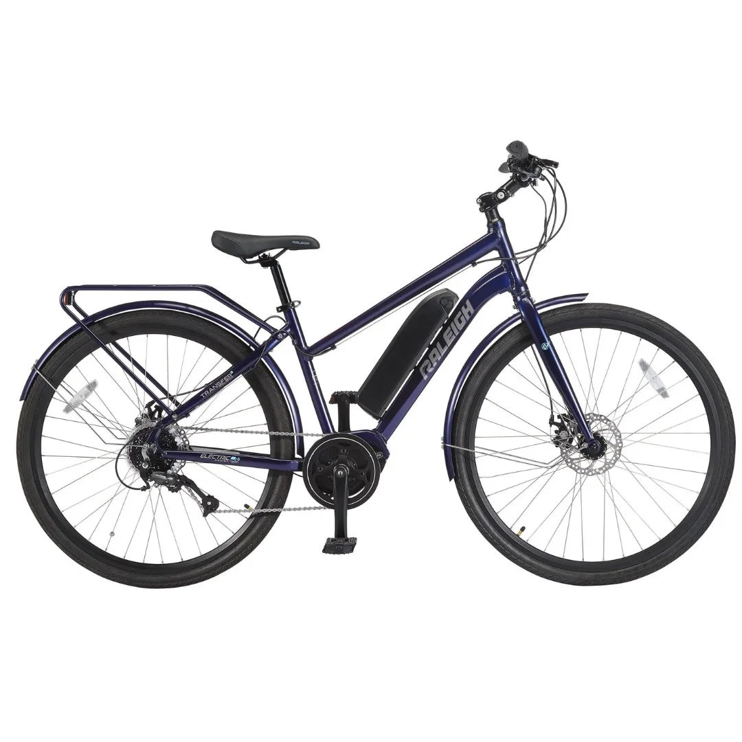 Full side profile of the Raleigh Getaway Electric Bike with rear rack and mid-mounted battery, displayed on a dark background