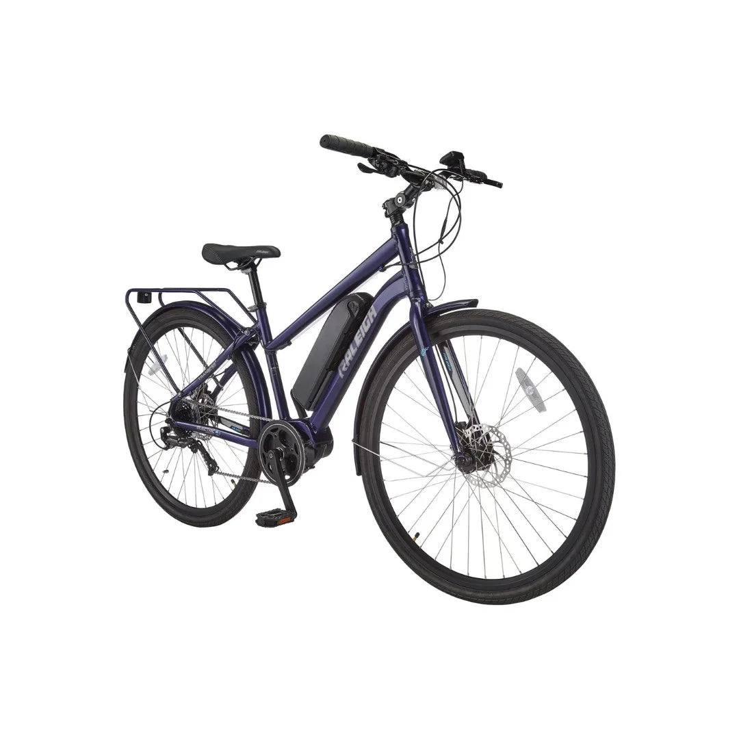 Raleigh Getaway E-Bike shown from front-side angle on white background, highlighting wheel size and upright frame geometry