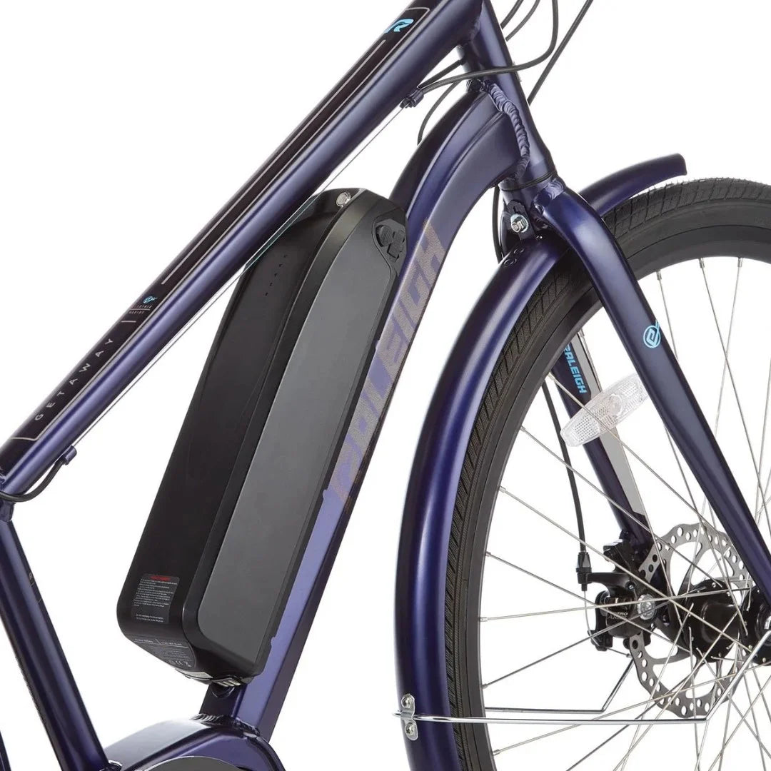 Close-up of Raleigh Getaway E-Bike's aluminum frame and mounted battery unit near the down tube