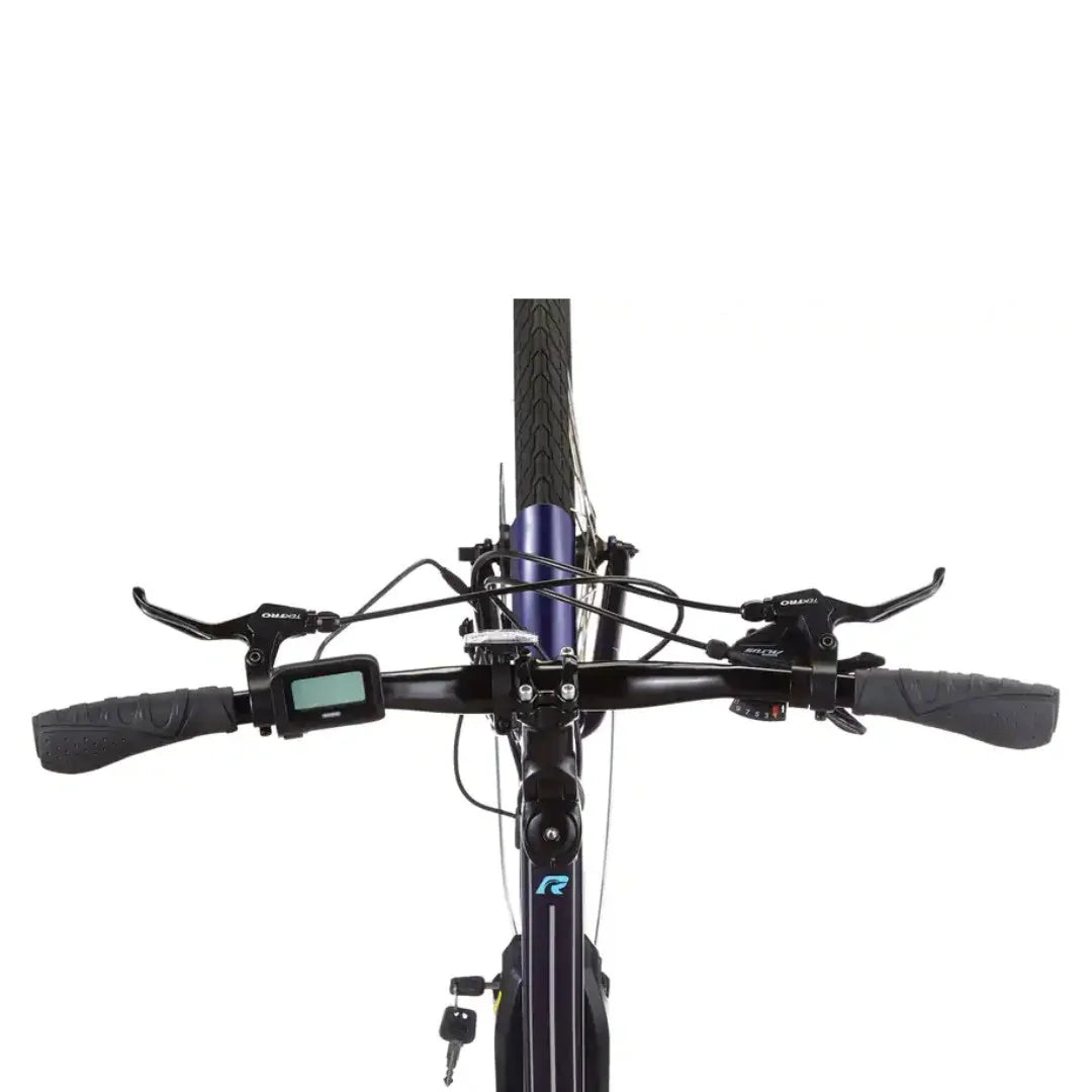 Top-down view of Raleigh Getaway Electric Bike handlebars, showing brake levers, grips, and control display
