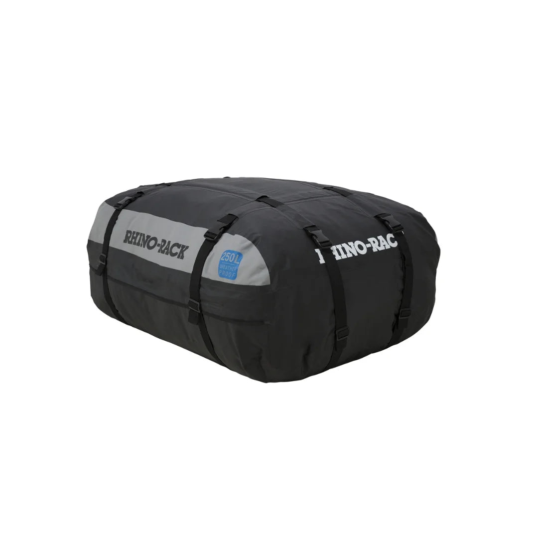 Side profile of Rhino-Rack cargo bag with zipper and logo details