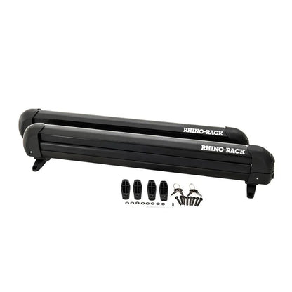 Rhino-Rack ski and snowboard carrier with included mounting hardware displayed on a white background.