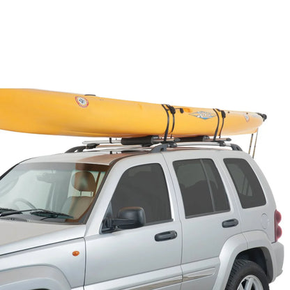 Yellow kayak secured on SUV roof with Rhino-Rack Vortex Foam Wrap Pads protecting crossbars