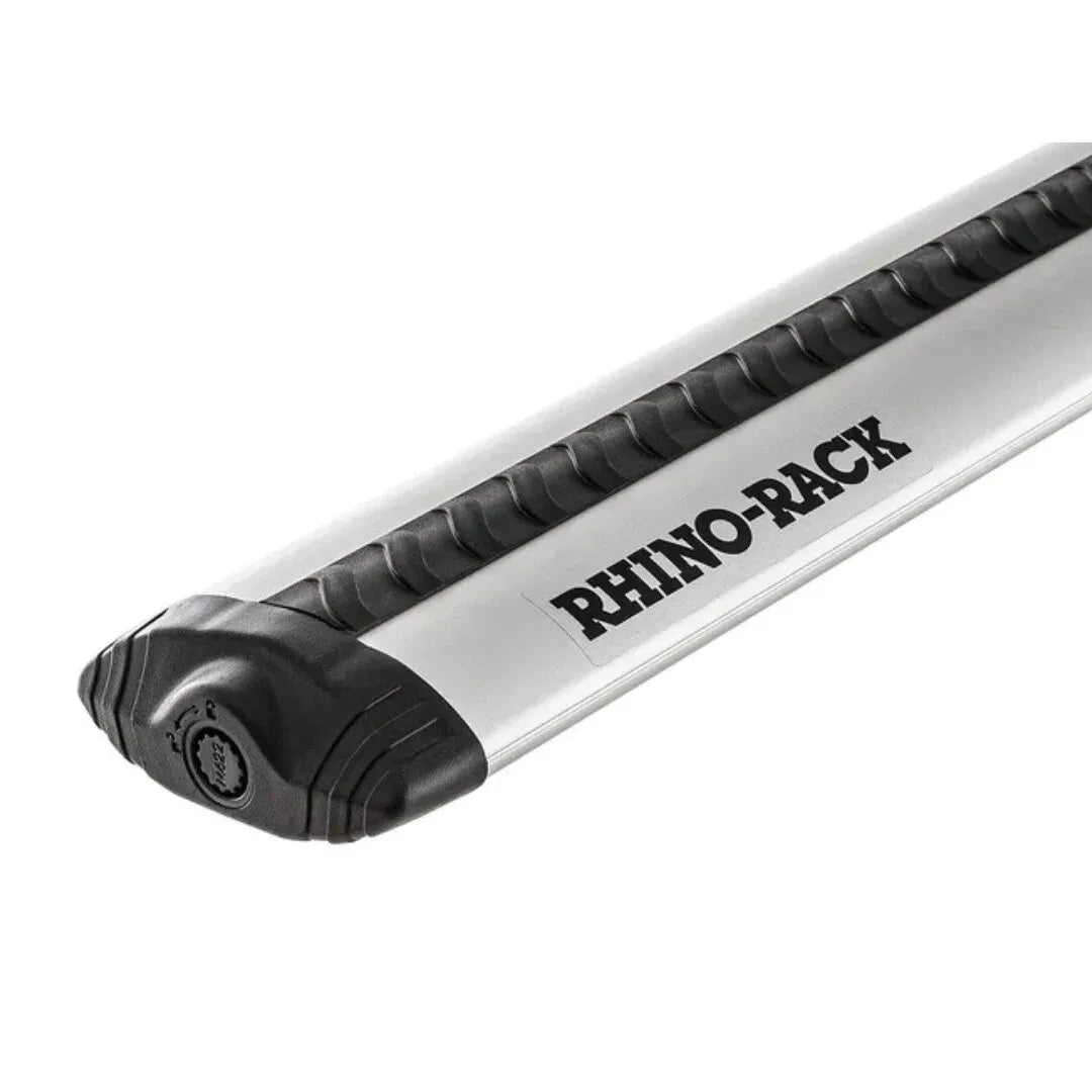 Close-up of a silver Rhino-Rack Vortex roof bar featuring the black VGS rubber strip and branded end cap.