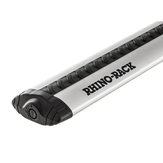 Close-up of a silver Rhino-Rack Vortex roof bar featuring the black VGS rubber strip and branded end cap.
