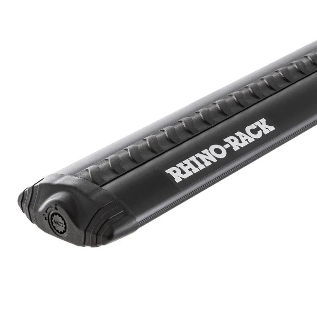 Black Rhino-Rack Vortex roof bar shown from the end, highlighting the aerodynamic design.