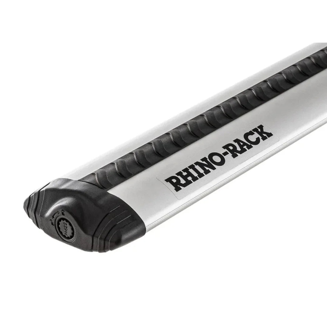 Silver Rhino-Rack Vortex bar displayed at a diagonal angle to showcase logo and rubber insert strip.
