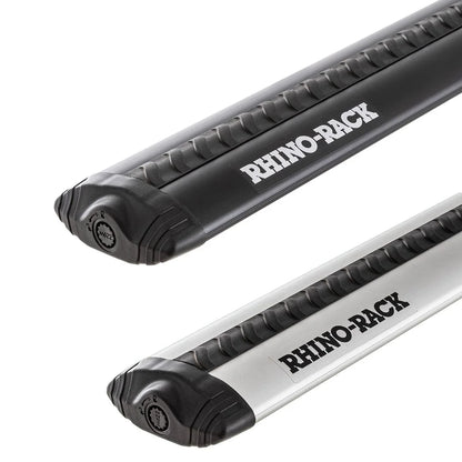 Pair of black Rhino-Rack Vortex roof bars shown side by side at a slight angle.
