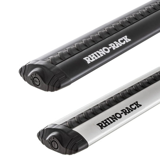 Pair of black Rhino-Rack Vortex roof bars shown side by side at a slight angle.