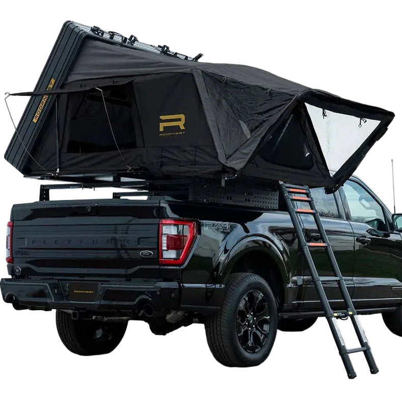 Condor Overland 2 XL Air rooftop tent opened on a vehicle with ladder deployed and side awnings extended.