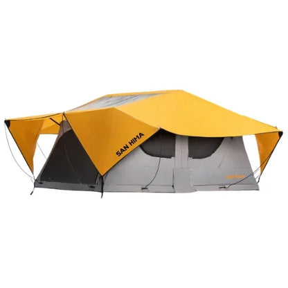 Yellow and gray rooftop tent with 'San hima' branding on a white background