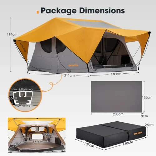 Camping san hima rooftop tent with dimensions displayed on a white background