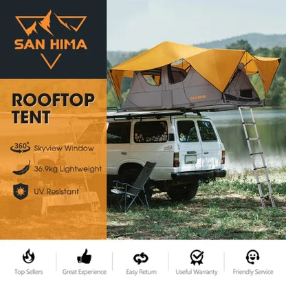 San Hima rooftop tent on a vehicle with product features listed