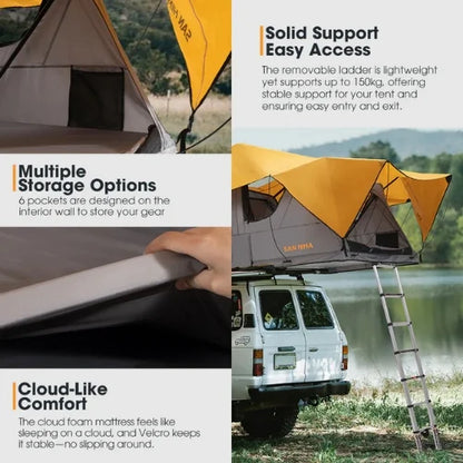 san hima rooftop tent with features highlighted on a scenic background