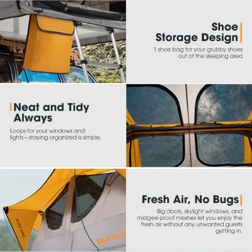 Collage of a rooftop tent with features highlighted, including shoe storage, neat design, and fresh air.