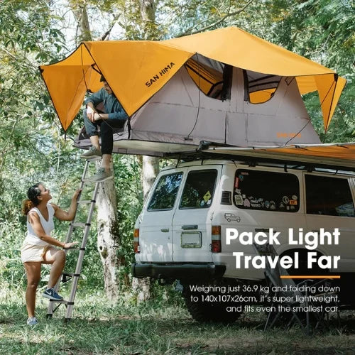 Van with a rooftop tent set up in a forest, featuring text about weight and size.