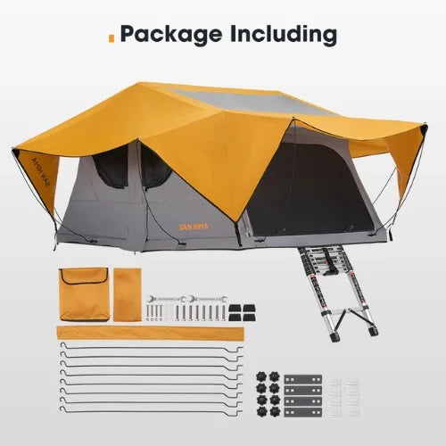 Camping rooftop tent package with tent, stakes, and accessories on a white background