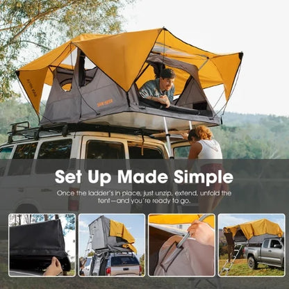 Roof top tent being set up on a vehicle with text 'Set Up Made Simple' and the steps to setting it up