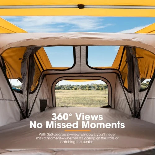 Camping rooftop tent interior with 360-degree view of a field and sky.