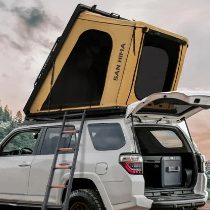 San Hima Hotham Aluminum Rooftop Tent - Lightweight Triangle RTT beige colour being used on a camp site